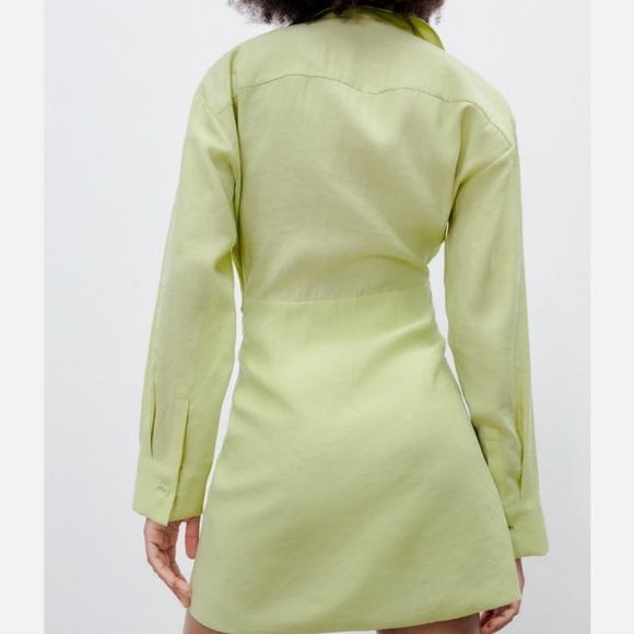 Zara Lime Green Ruched Mini Dress Collared Long Sleeve Shirt Dress XS/Small - Picture 4 of 15